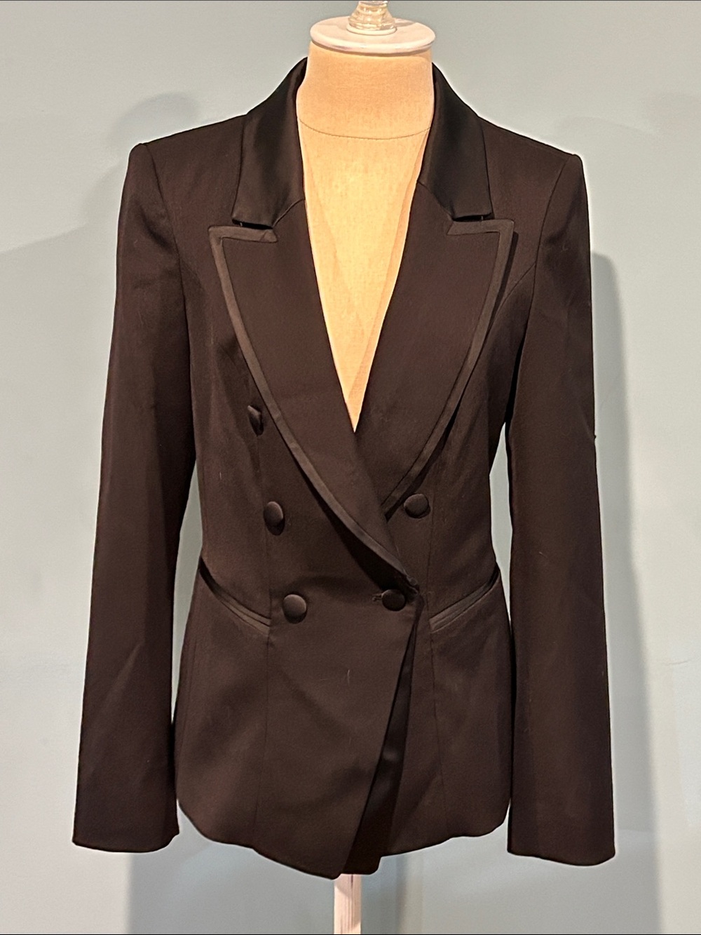 WHBM Black Double Breasted Tuxedo Blazer Jacket size 4 Satin Trim